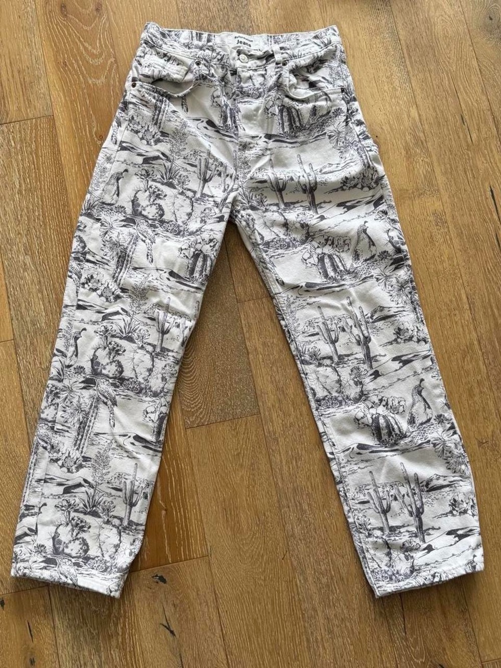 Reformation White Jeans with Black Toile Print